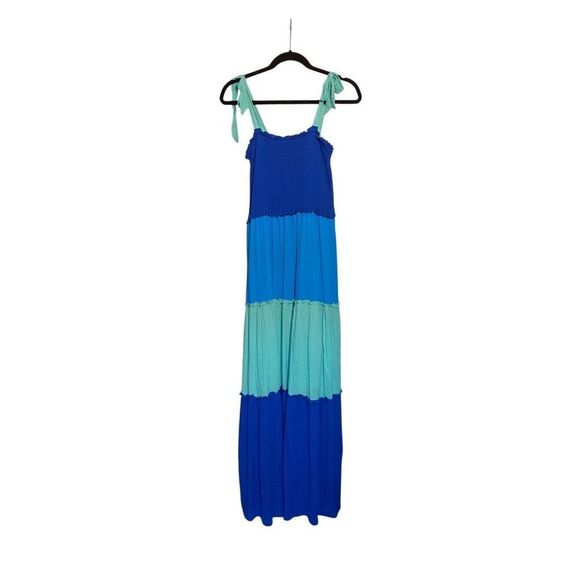 Bebop women’s blue and green color block, tiered, maxi dress size large - Picture 1 of 3